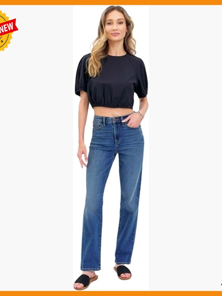 High-Waist Straight Leg Jeans, Stretchy Fit, Medium Wash, 30-Inch Inseam